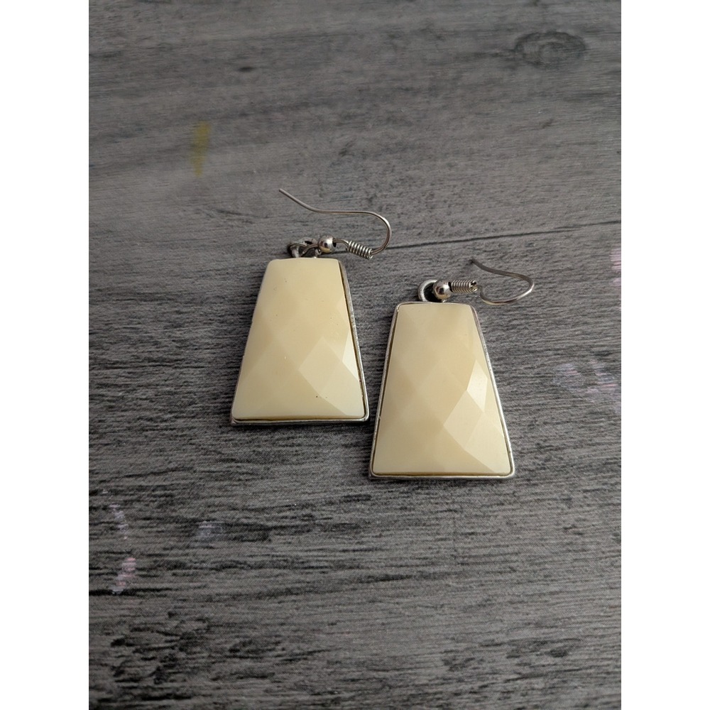 Geometric Trapezoid Drop Earrings Cream Faceted Resin Silver Tone Fishhook
